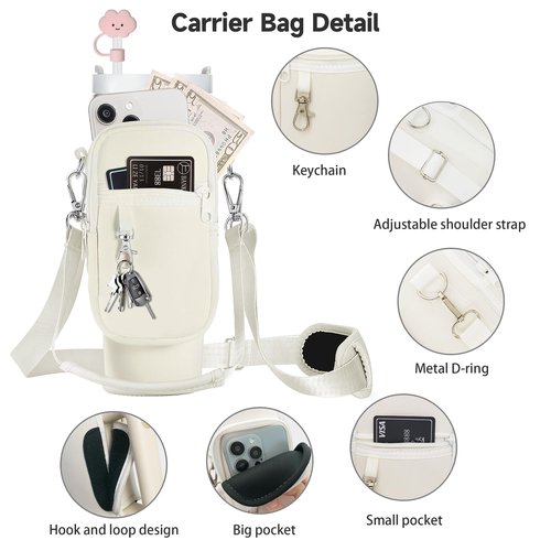 bocowia Water Bottle Carrier w/Strap for Stanley Cup 40oz Tumbler, Water Bottle Bag Phone Pocket for Stanley Cup Accessories, Crossbody Water Bottle Holder w/Straw Cover for Simple Modern 40oz