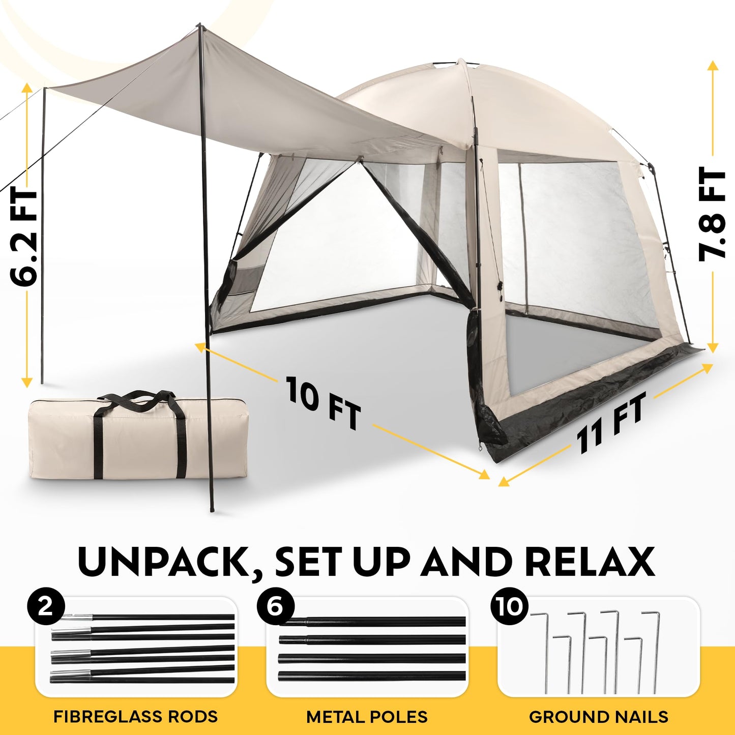 10x10 Screen Tents for Camping, 6-8 Persons Screen House for Camping, Windproof With 10 Ground Nails & 6 Steel Poles, UV Protected, 360° Ventilated & Bug Free for Peaceful Picnics, BBQ & Camping Night