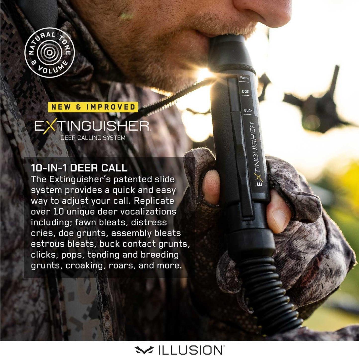 Extinguisher Deer Call by Illusion | Grunt Tube | Buck, Doe, Fawn | Adjustable 10-in-1 Call | Color (CAMO/Black) | Freeze Resistant