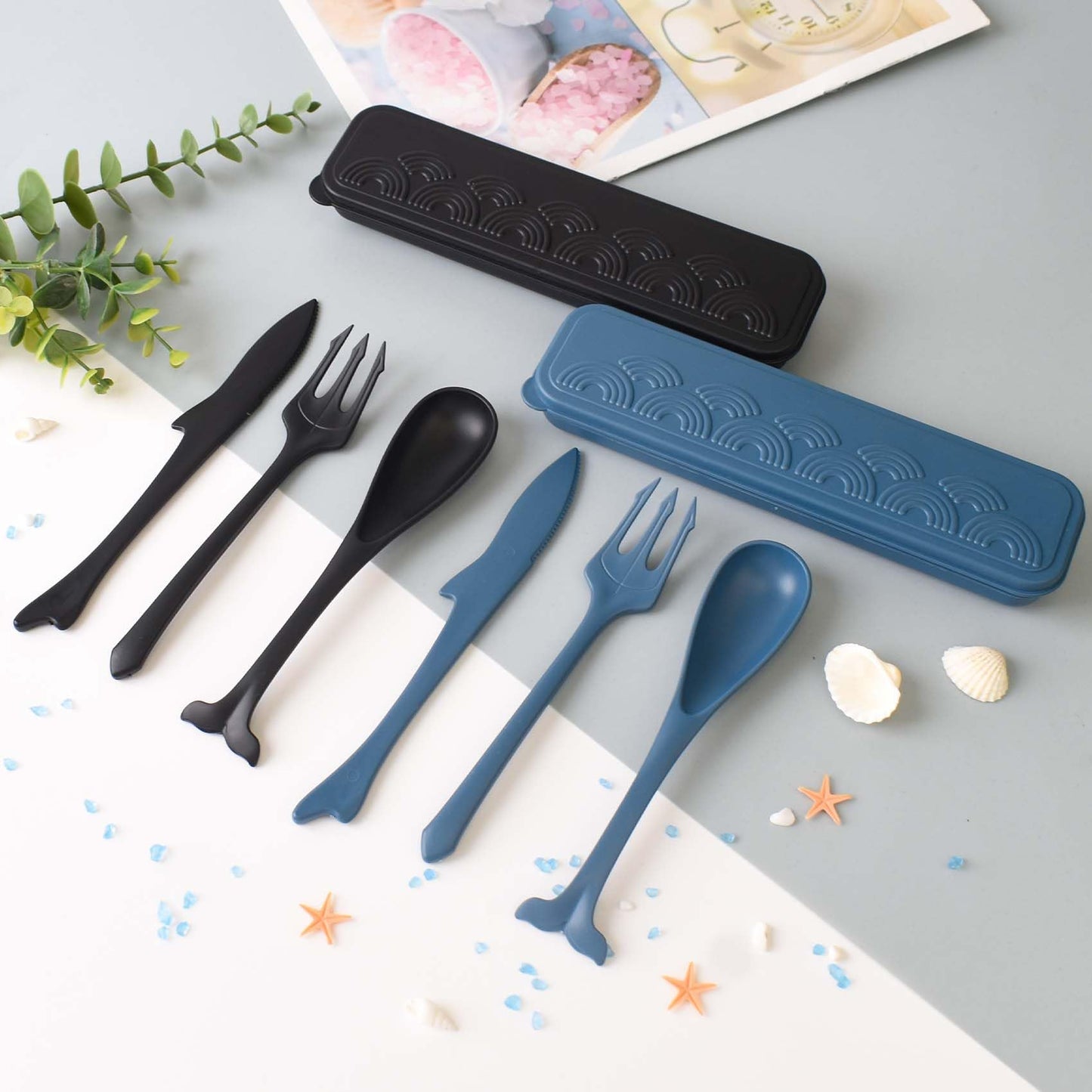 2 Sets Reusable Utensils Set with Case, Plastic Lunch Box Utensils Set for Kids, Travel Cutlery Set for Ocean Party Decorations Picnic or Daily Use (Blue, Black)