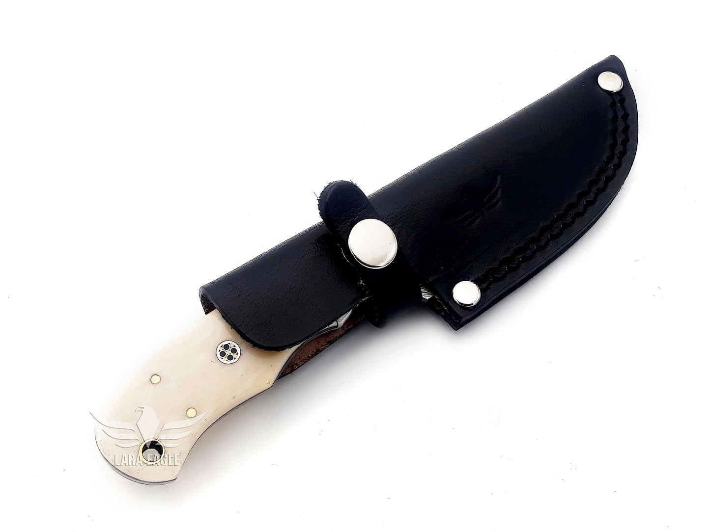 Lara Eagle Damascus Hunting Knife - Fixed Blade Handmade Skinner with Sheath - 7.5 inch Survival Knife Great for Camping, Hunting - Camel bone Handle with mosaic pin, Gift for Husband, Anniversary, Dad (Camel bone)