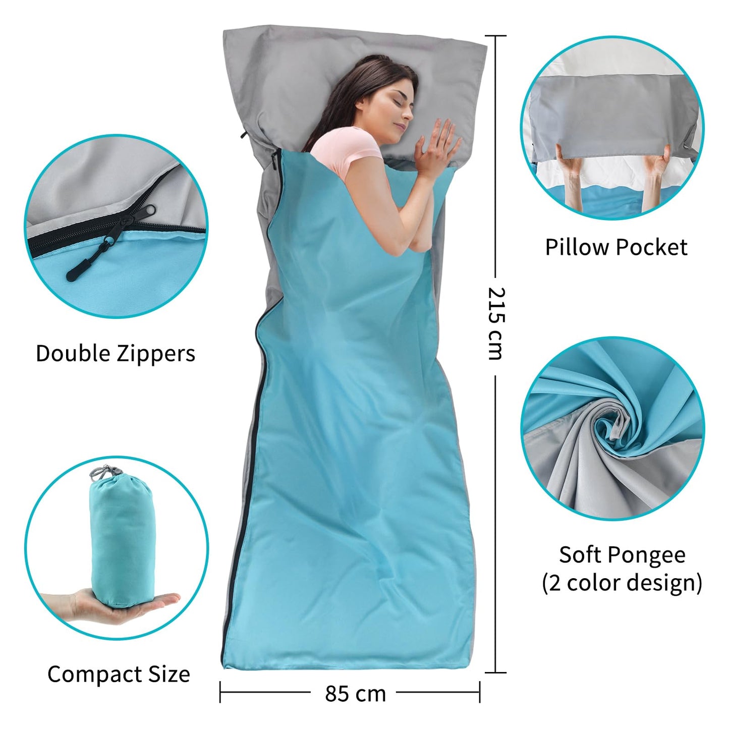 NewDoar Sleeping Bag Liner 215 * 85cm Portable Lightweight Travel Sheet with Pillow Slot Ultralight Soft Camping Sleeping Bag Liner Pongee Fabric for Camping Hiking Backpacking Hotels Hostels