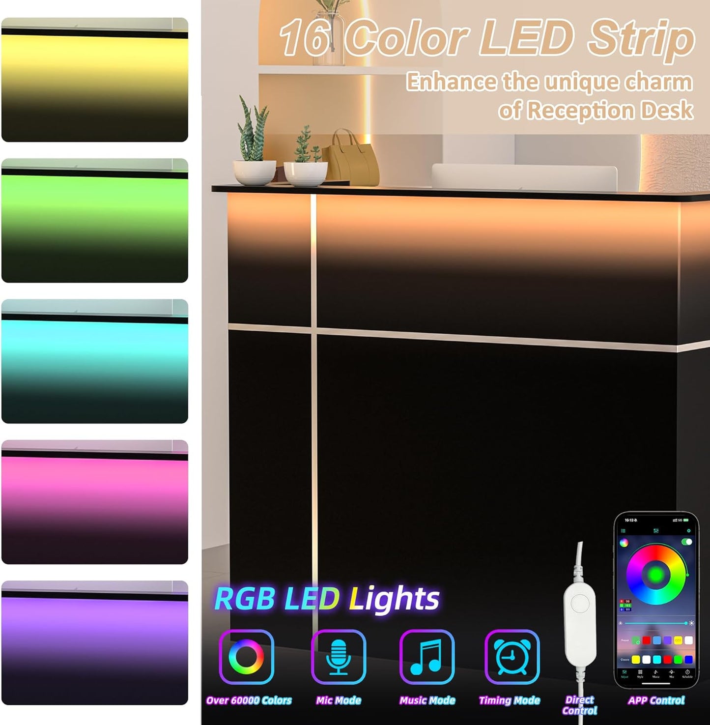 AHB Reception Desk with Counter, Modern Front Table Equipped Lockers & Storage Shelves, 50-inch Checkout Counter with LED Lights & DIY Stripe for Lobbies, Salons, Retail, Home Offices, Reception Room