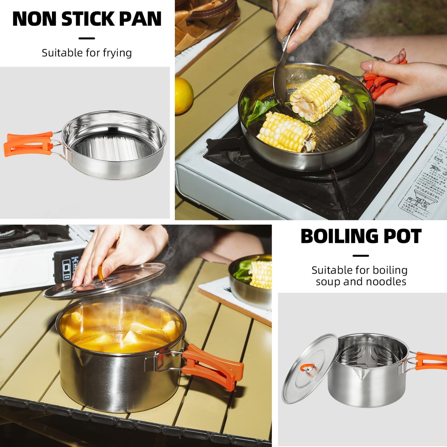 KERMANDO Stainless Steel Camping Cookware Set - Kettle, Frying Pan and Cooking Pot 3 Piece Set With Anti-scald Folding Handles and Mesh Bag