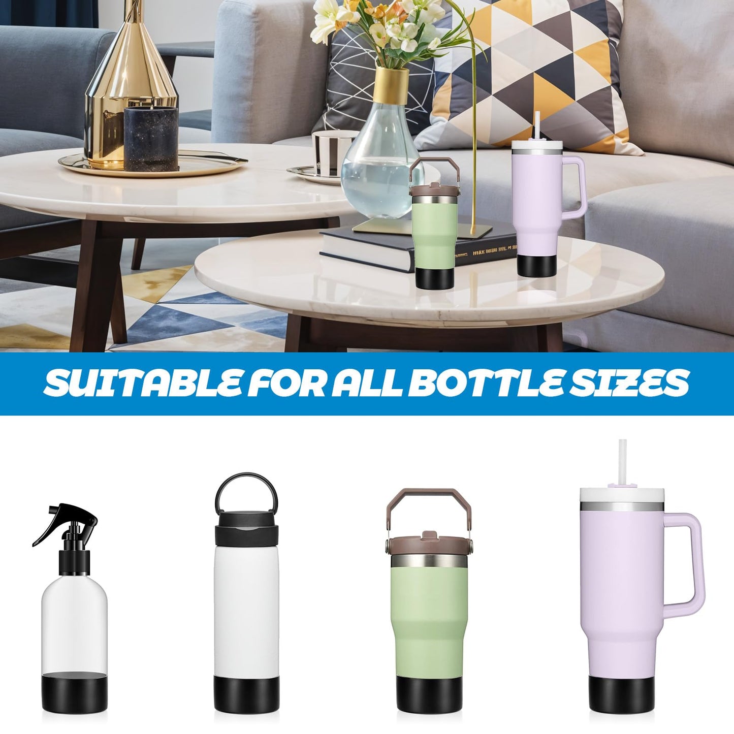 HOFURME 8 Pieces Protective Silicone Sleeve Bottom, Washable Rubber Bottom Base Accessories, Silicone Sleeve For Glass Bottle For 16 Oz Spray Bottles, 12 To 24 Oz Water Bottles(Black)