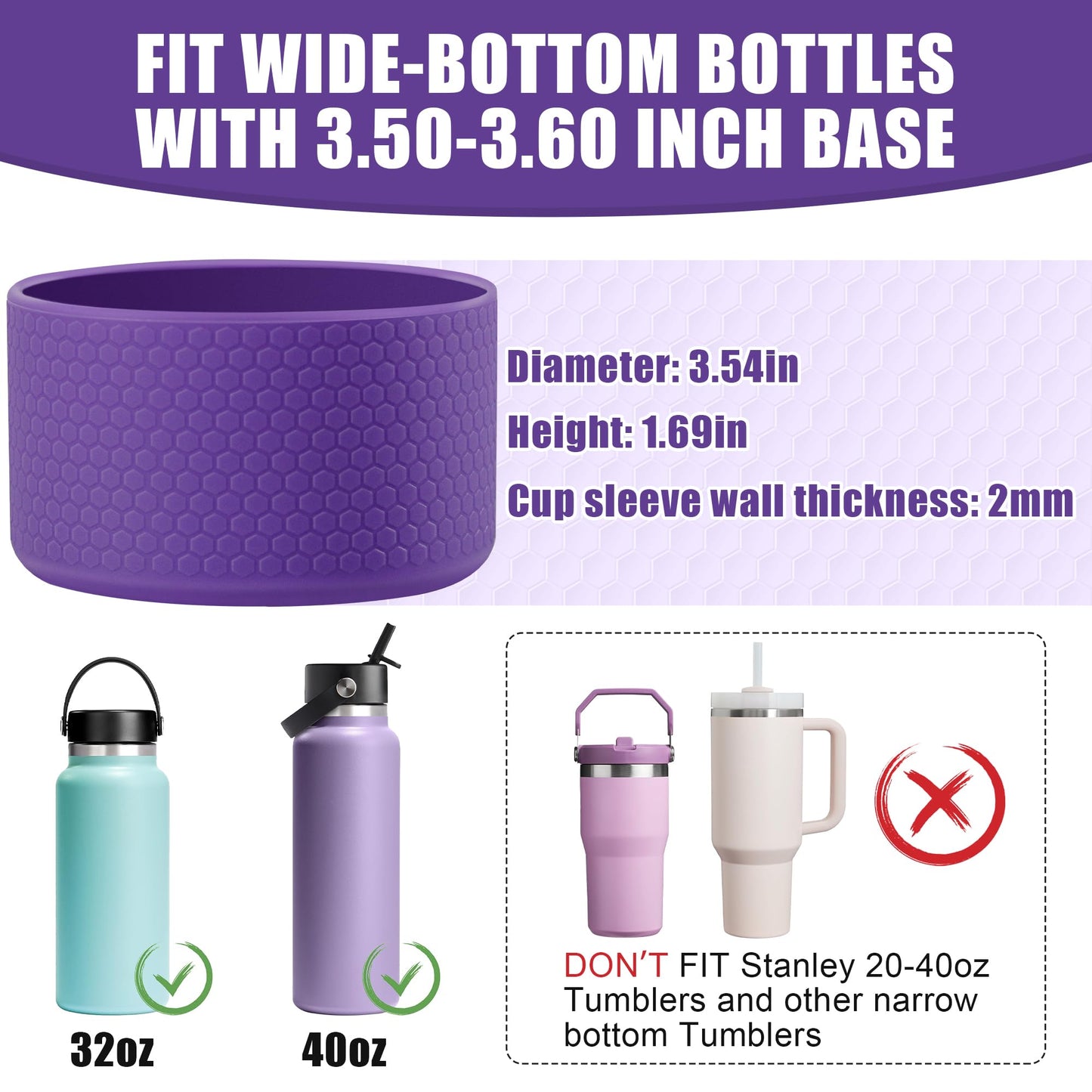 Vmini Silicone Boot for Hydro Flask Wide Mouth 32/40oz, for Simple Modern Summit 32/40oz, Honeycomb Texture Sleeve for Hydro Flask Water Bottle,Bottom Protector for Hydro Flask Accessories,Purple