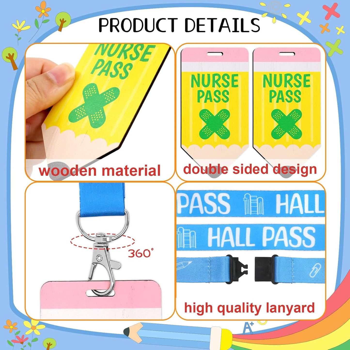 6 Sets Hall Pass Lanyards and School Passes Set Classroom Wooden Passes for Hall Office Library Nurse Restroom Teacher Gift