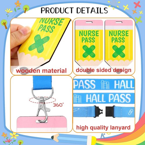 6 Sets Hall Pass Lanyards and School Passes Set Classroom Wooden Passes for Hall Office Library Nurse Restroom Teacher Gift