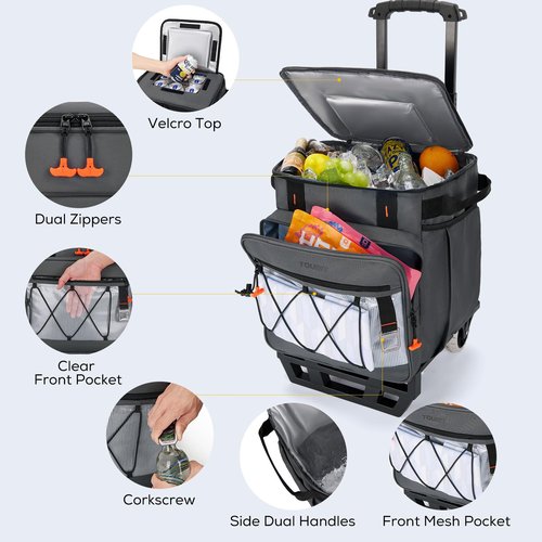 TOURIT 75 Can Rolling Cooler Detachable Double Deck Beach Cooler with Wheels Collapsible for Outdoor, Camping, Picnic, Travel
