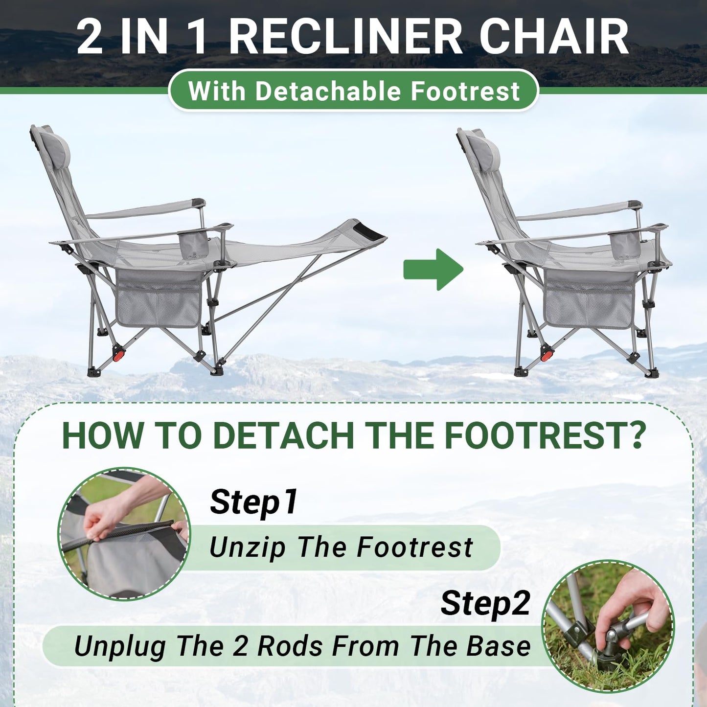 #WEJOY 2-in-1 Reclining Camping Chair, Lightweight Folding Camping Chair with Adjustable Backrest & Footrest, Camping Lounge Chair with Headrest, Cup Holder, Storage Bag, for Beach, Lawn, Concert