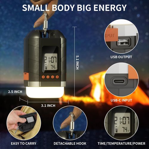 LOBKIN Camping Rechargeable Lantern, Multifunctional Camping Light 5 Modes, Portable Tent Lamp USB 15600 mAh for Camping, Hiking, Fishing