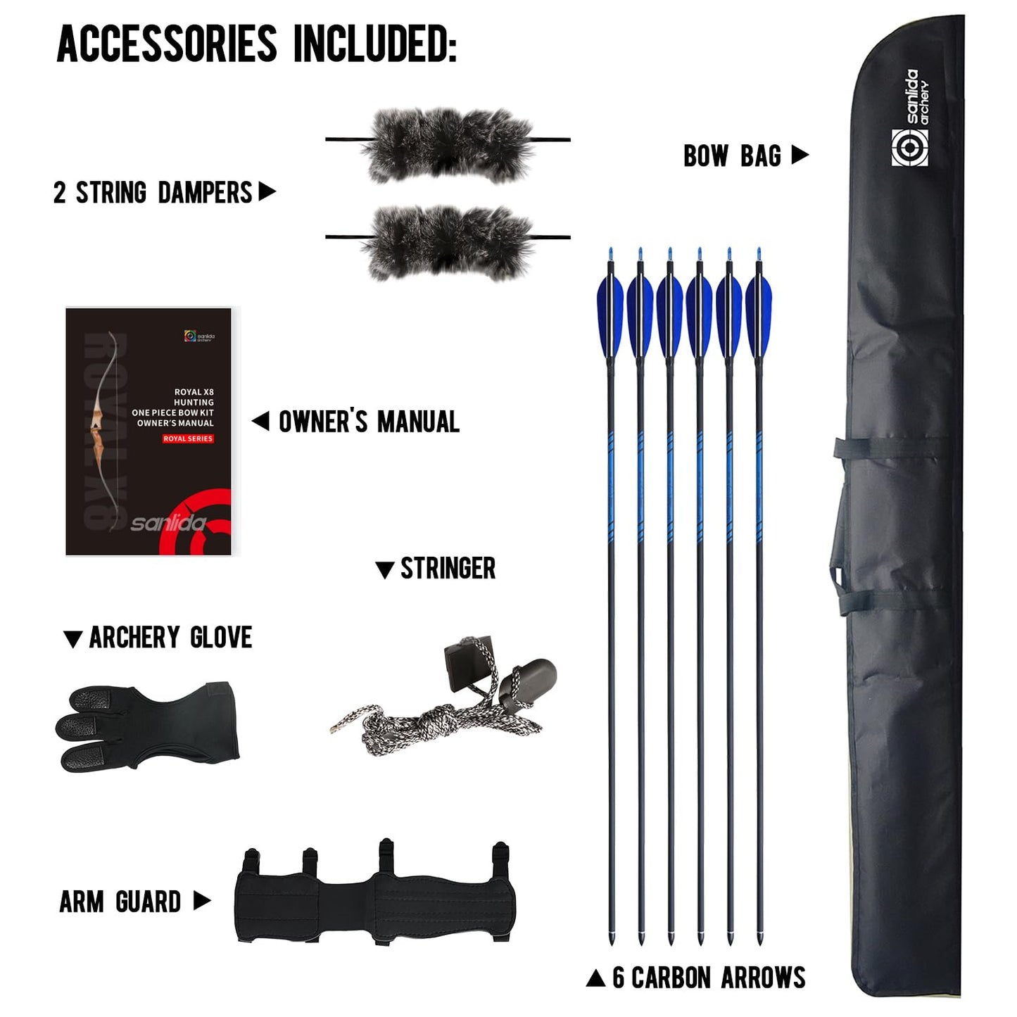 Sanlida Archery 60" Royal X8 One-Piece Bow Traditional Wooden Hunting Bow Handmade Hunting Bow and Arrows Kit for Adults & Traditional Archers, RH Only (40lbs, Dark Wood)