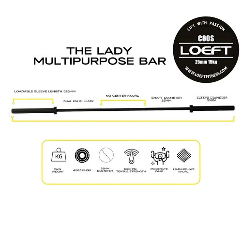 LOEFT 6ft Olympic Barbell, 15kg 25MM Women's Barbell for Weightlifting and Powerlifting, 1200 lbs Weight Capacity 190K PSI Weight Bar Fit 2" Weight Plates (Black)