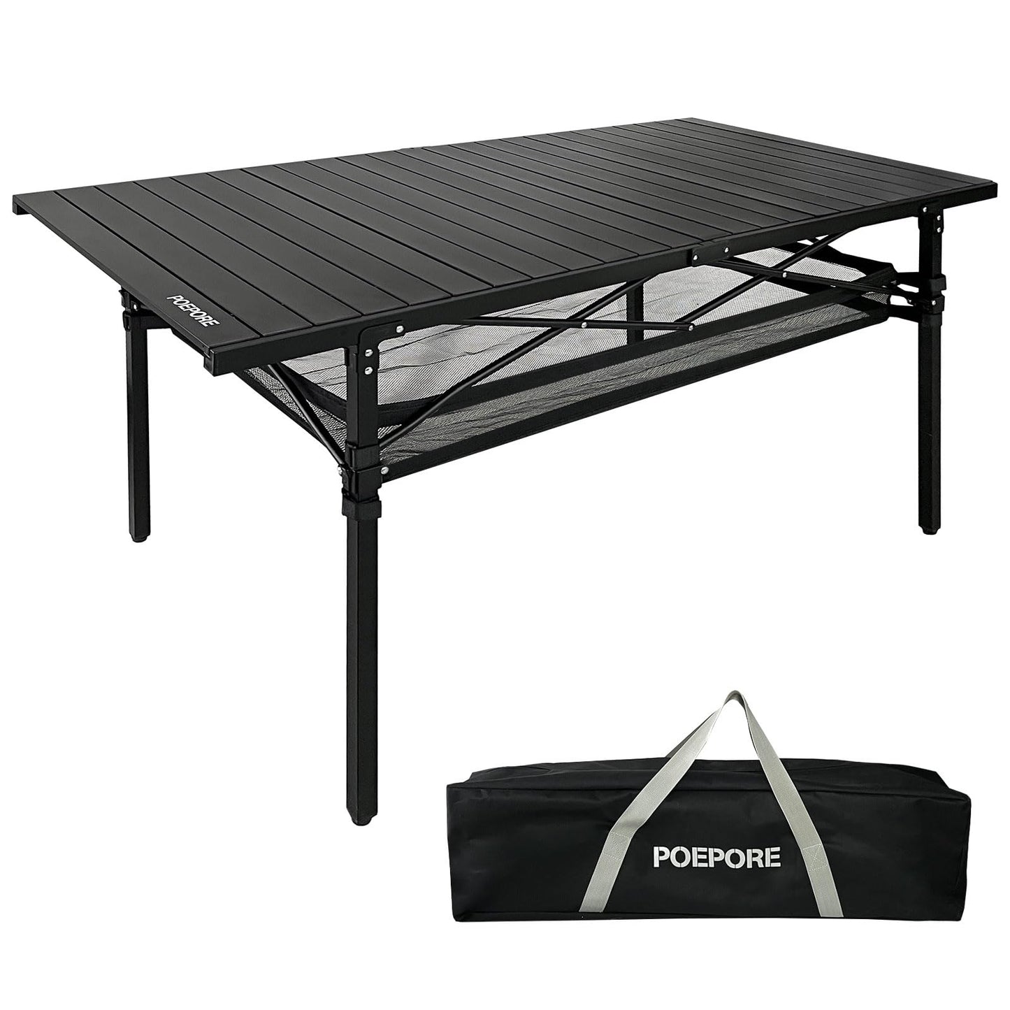 POEPORE Large Folding Camping Table Aluminum with Storage for 4-6 People 55"X27.5" Roll Up Tall Outdoor Portable Table Lightweight with Carry Bag for Picnic BBQ Backyard Beach