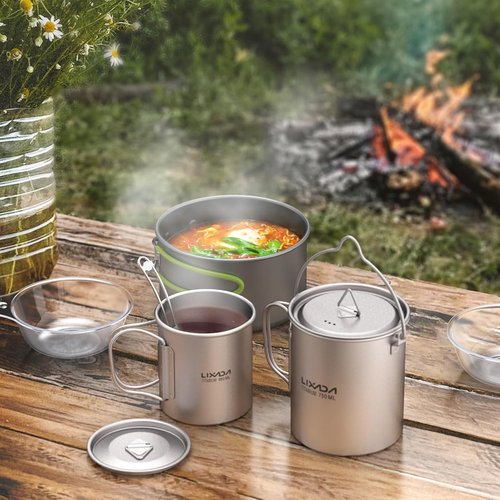 Lixada Titanium Camping Cookware with Folding Spork, 750ml Camping Titanium Pot & 450ml Coffee Mug with Foldable Handle & Lid, Portable Outdoor Camping Cookware Set for Backpacking Hiking Cooking