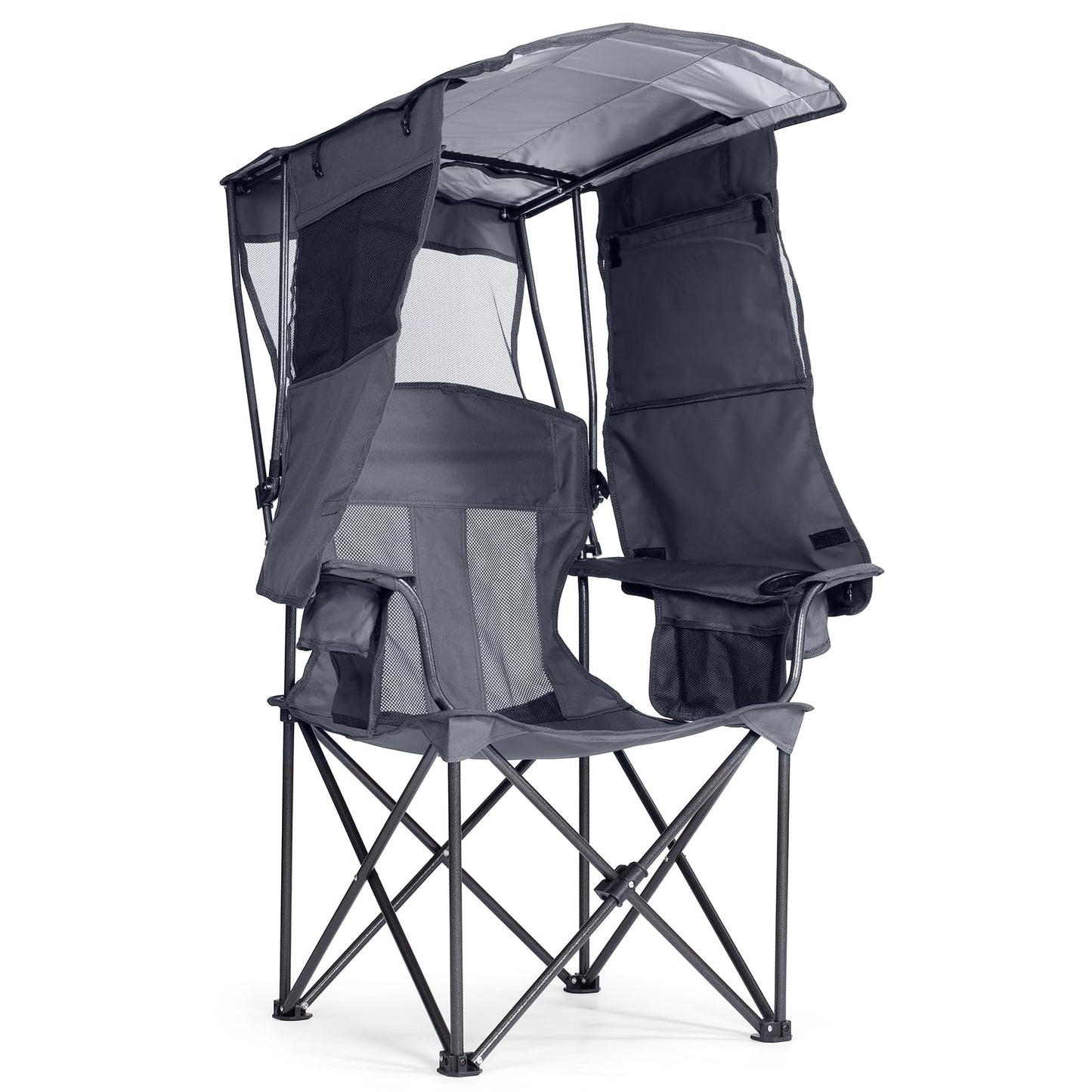 Huskfirm Camping Chair with Canopy Shade - Folding Beach Chair with UPF 50+ Sun Shade, Cup Holder, Side Pocket, Portable Sports Chair for Adults Support 330 LBS, Fishing Camp Outdoor Lawn Chair - Grey