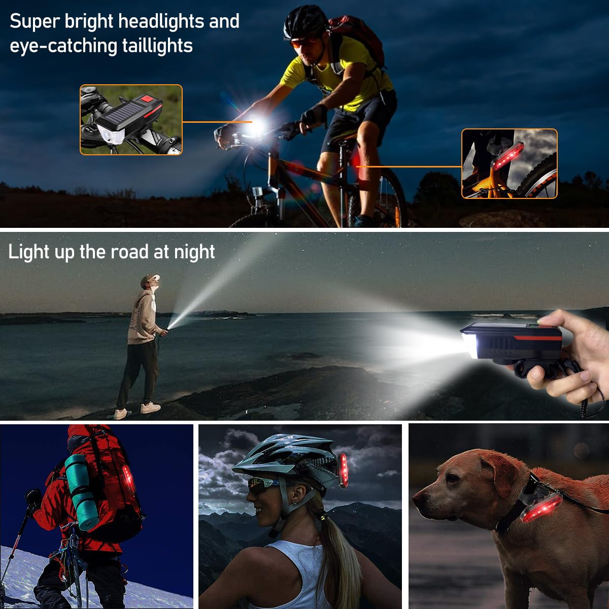 LEDHOLYT Rechargeable Solar Bike Lights, Night Ultra Bright Bicycle Lights Headlight and Back Taillight with Electric Bell, Easy to Install Waterproof, Road and Mountain LED Bike Lights