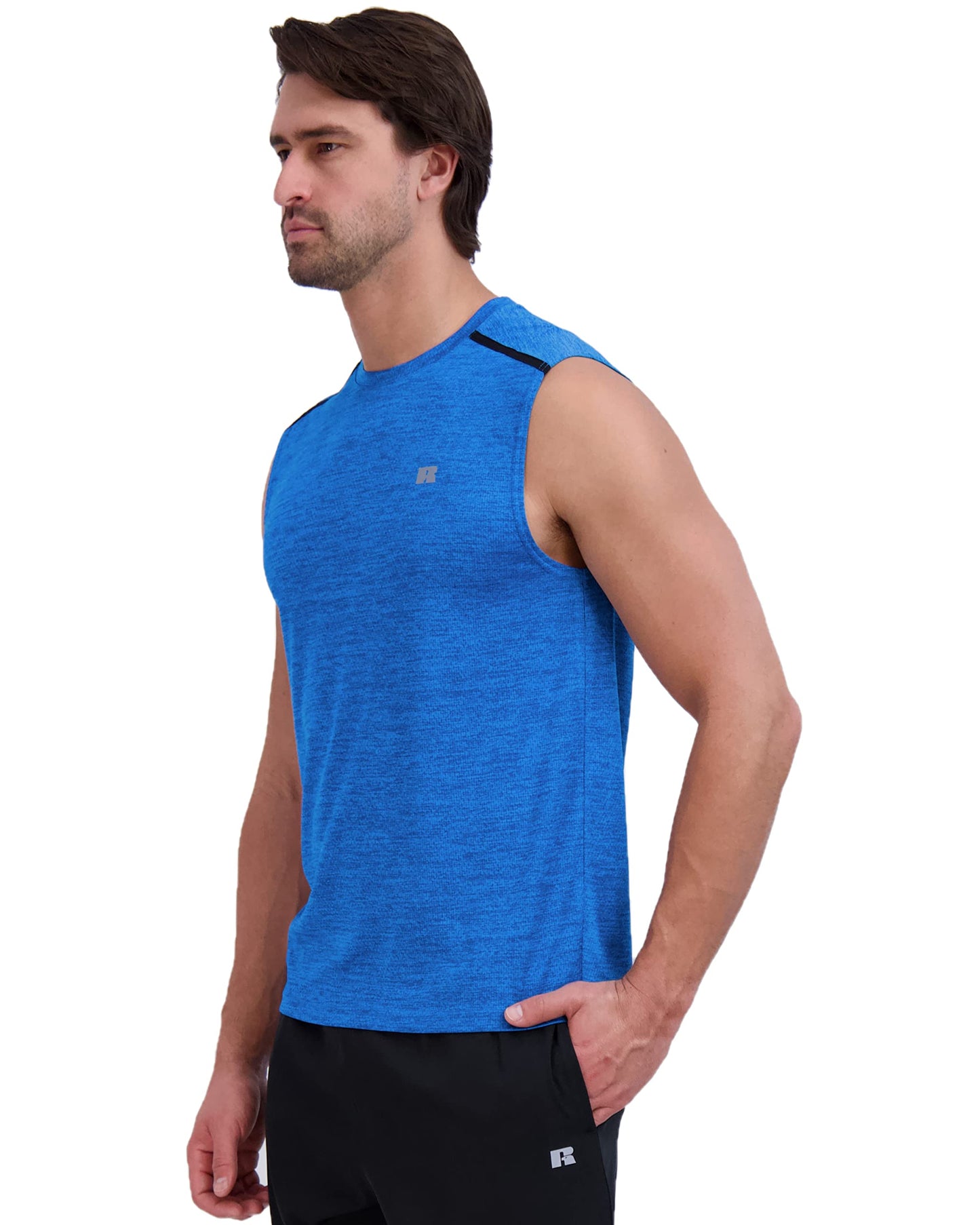 Russell Athletic Mens Dri-Power Space-Dye Short Sleeve Crew Neck Performance Muscle Tee, Aster Blue, S