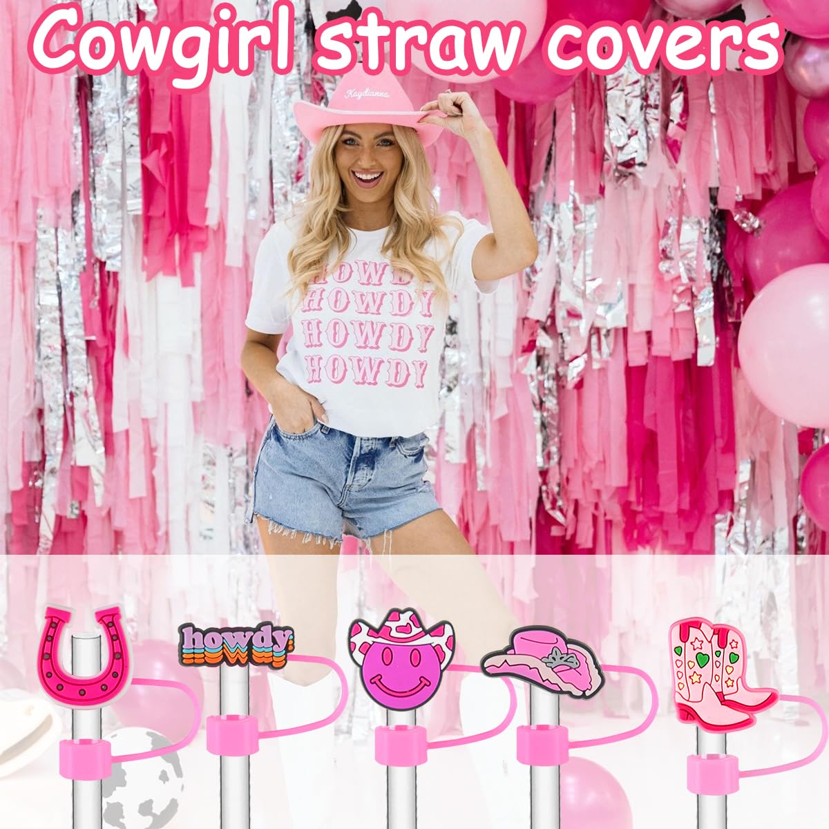16Pcs Preppy Pink Straw Cover Topper for Stanley 40oz Tumbler Cowgirl Straw Cap for 0.4inch Straws Stanley Cup Accessories