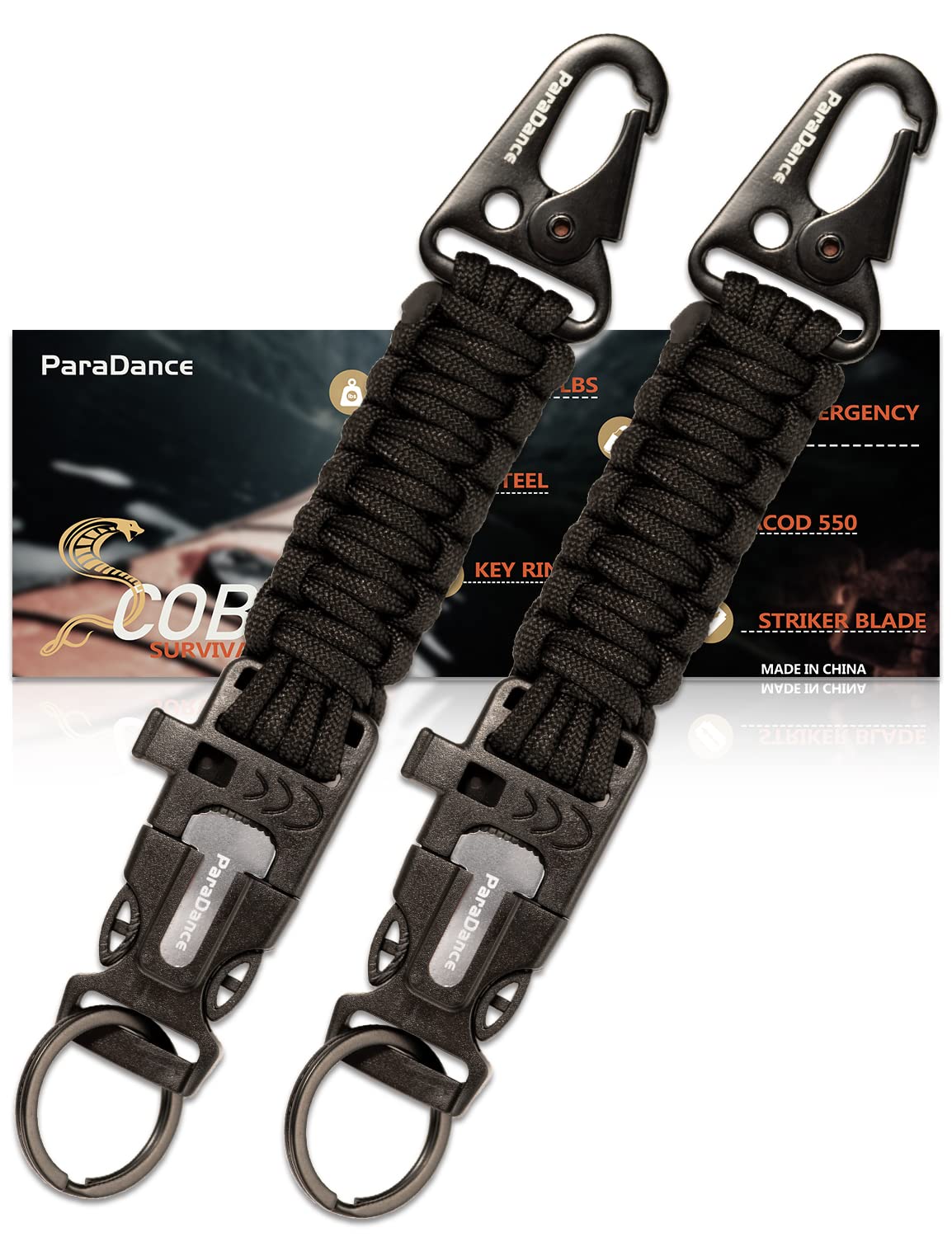 ParaDance Survival Keychain (5-in-1) with Flint/Striker/Paracord/Whistle/Key Ring, Military Braided Paracord Key Chain w/Carabiner Fire Starter, Ideal for Hiking/Camping (2*Black)