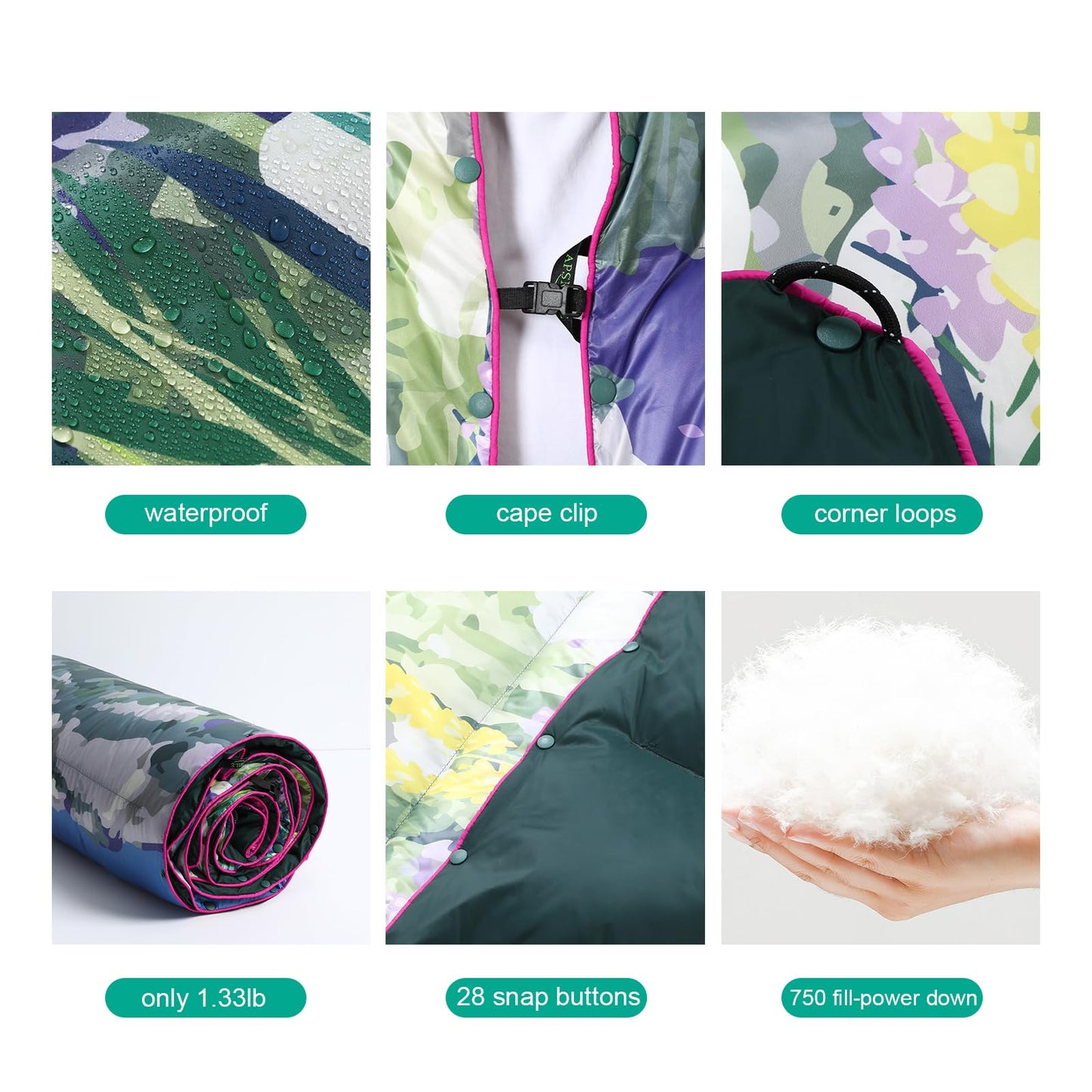 APSMILE Outdoor Down Blanket | Extra Warm & Puffy Camping Blanket | Water-resistant, Lightweight, Packable Sleeping Quilt for Camp, Travel, Hiking, Picnic, Backpack (Flower Valley HD Printed, 52"x75")