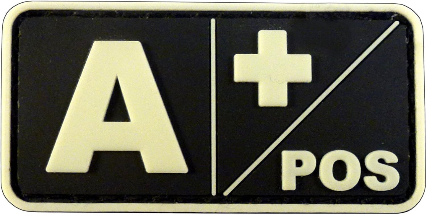 Mini First Aid Blood Type PVC Patch Black and White Glow Dark Compatible with Velcro PVC Patches for Hats,Plate Carrier,Ifak,First Aid Kit Patch (O Positive)