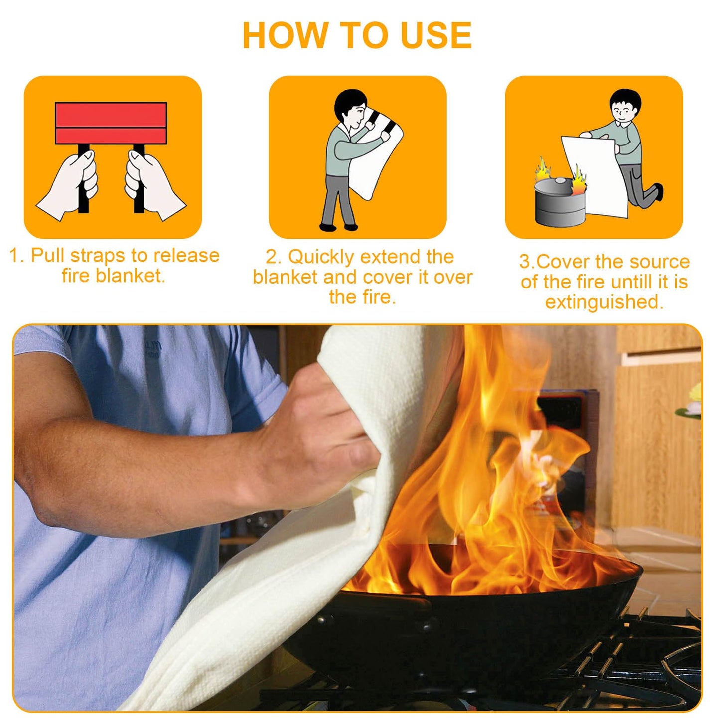 JT JUSTIME Fire Blanket Emergency for Home Kitchen, Fiberglass Fire Suppression Blanket for School, Fireplace, Outdoor Grill, Car, Office, Warehouse (1 Pack)