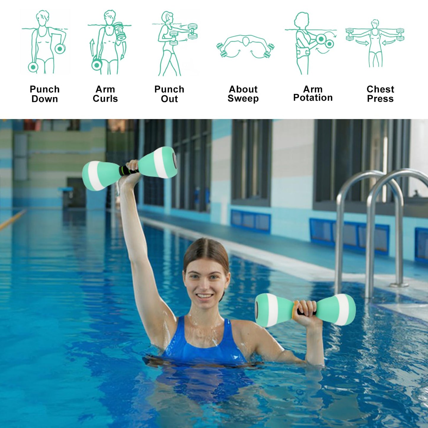 2PACK Aquatic Exercise Dumbbells, EVA Foam Barbells, Water Weights for Pool Exercise, Water Dumbbells for Men Women Water Workouts, Swimming Training (Lake Blue+White)