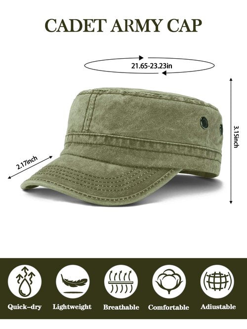 4 Pieces Cadet Caps Army Military Hats Washed Cotton Flat Top Hats Military Style Patrol Hat Adjustable Veteran Cap for Men