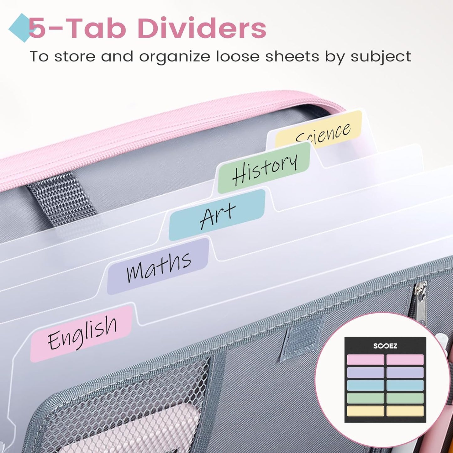 Sooez Zipper Binder Bag, 1 Inch Binders 3 Ring O-Ring, 5-Tab Dividers Expanding File Folder, 500-Sheet Capacity Three Ring Binder, Cute Organizer Storage for Student School Classroom Supplies, Blue