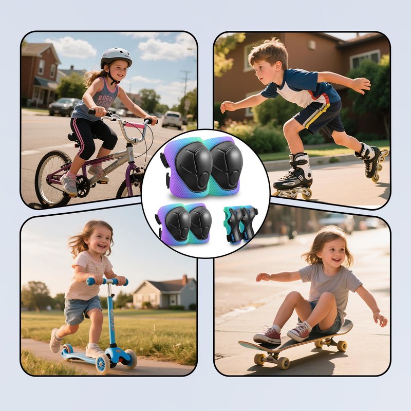 Kids Protective Gear Set Knee Pads for Kids 3-14 Years Toddler Knee and Elbow Pads with Wrist Guards 3 in 1 for Skating Cycling Bike,Biking, Roller Skates, Scooters (Green Blue Purple, M(8-14Years))
