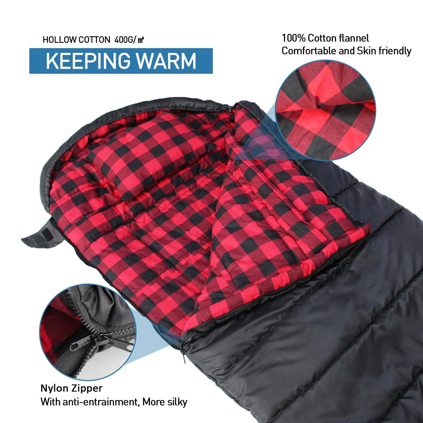 Keencamp 0 Degree Sleeping Bag Cotton Flannel Winter Cold Weather for Adults XXL Sleeping Bag 4 Season Big and Tall with Pillow Compression Sack