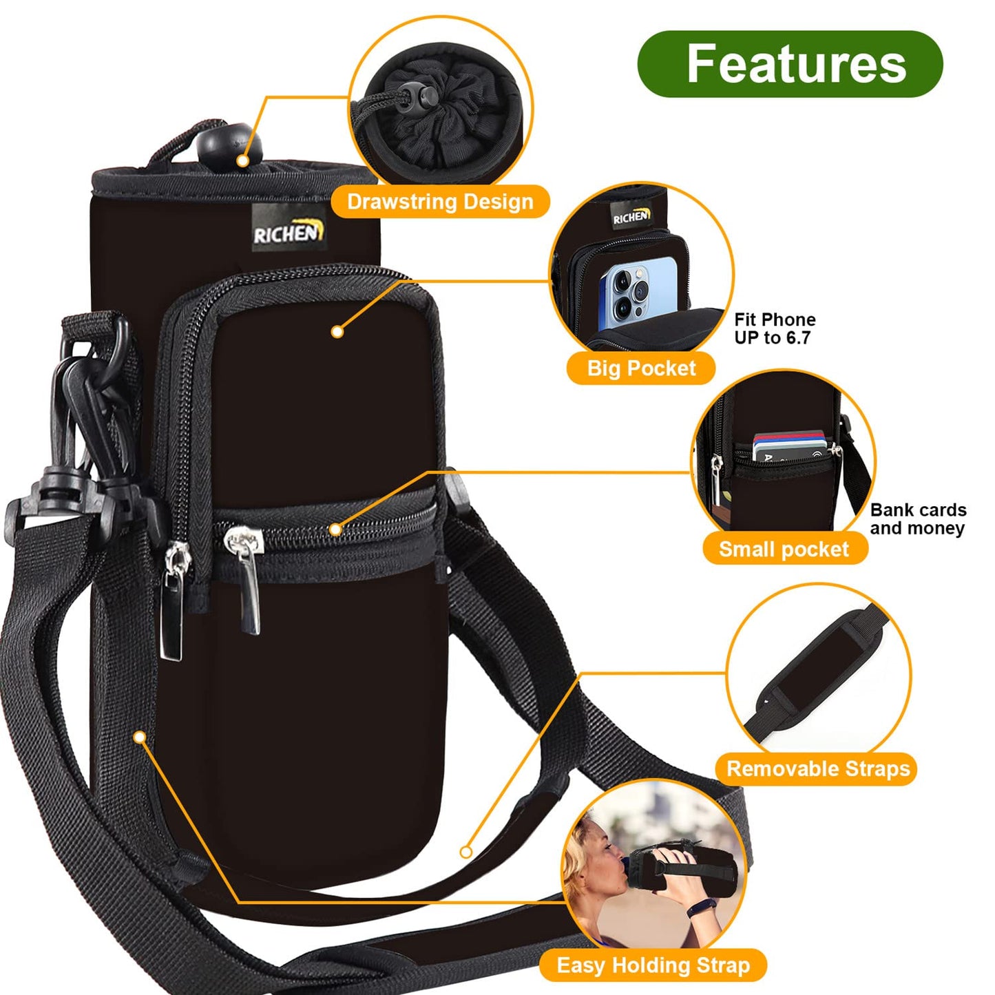 RICHEN Neoprene Water Bottle Carrier Bag 25/32/40 oz, Bottle Pouch Holder with Adjustable Padded Shoulder & Handle Strap and Front Pockets for Men/Women Hiking Travelling Camping (Black, 40oz)