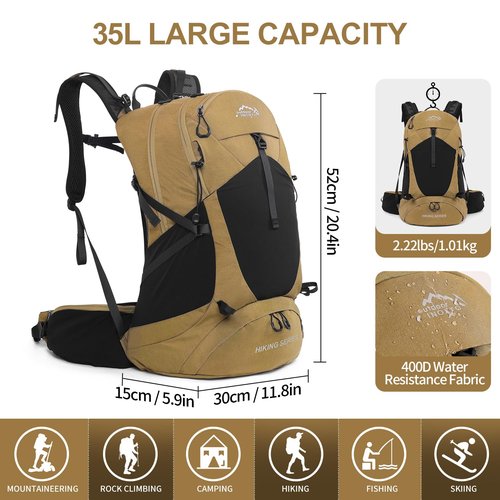 IX INOXTO Hiking Backpack,35L Waterproof Hiking Daypack with 3L Water Bladder and Rain Cover, Lightweight Travel Camping Backpack for Men Women (Khaki)