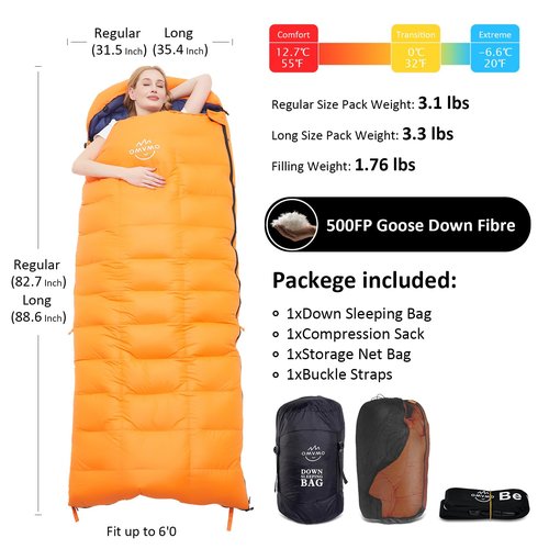 OMVMO 0 20 Degrees F Camping Sleeping Bag for Adults,4 Season Rectangle Down Fiber Sleeping Bag for Camping Hiking,Used as Blanket Quilt or Cloak (Orange/20℉/Right Zipper, Regular(Fits up to 6'0''))