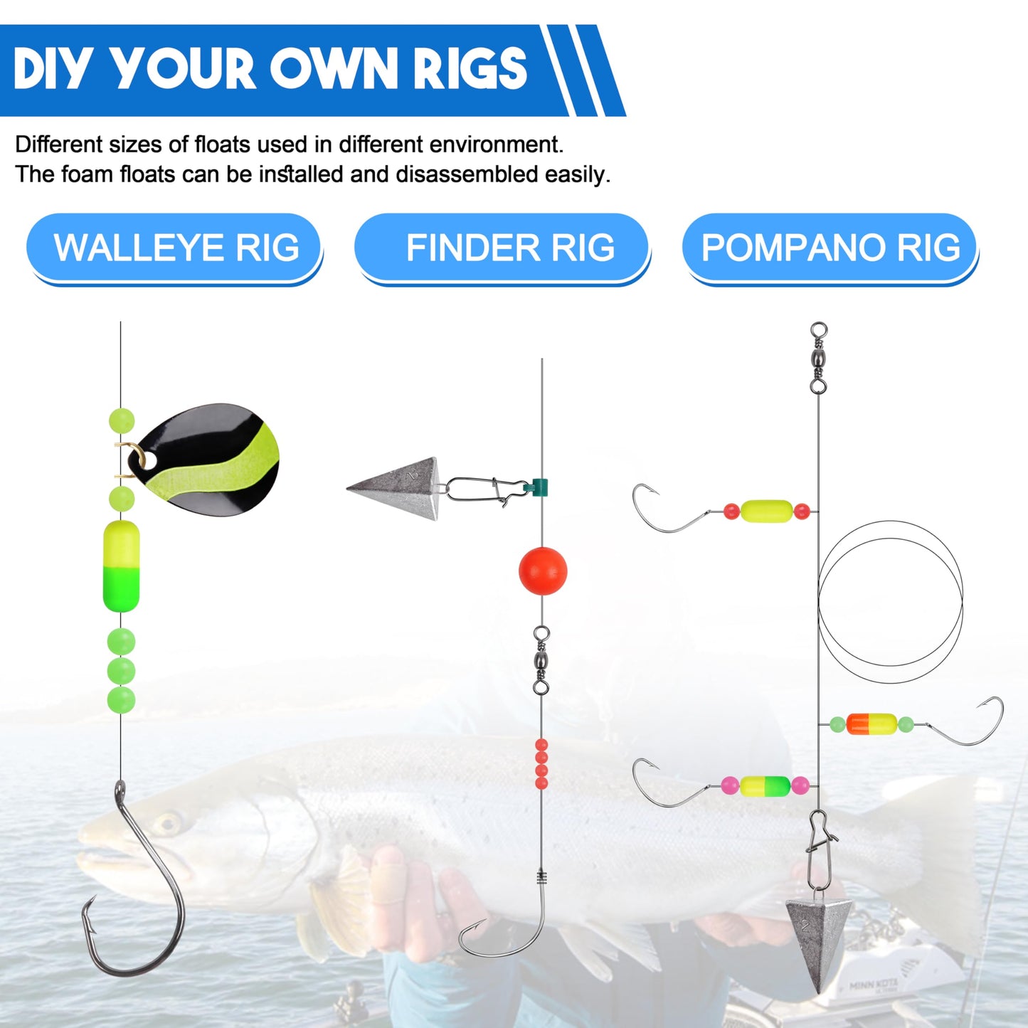 165pcs Pompano Rig Kit, Foam Snell Floats and Beads Surf Fishing Live Bait Walleye Rig Making Accessories or Trout Catfish Walleye