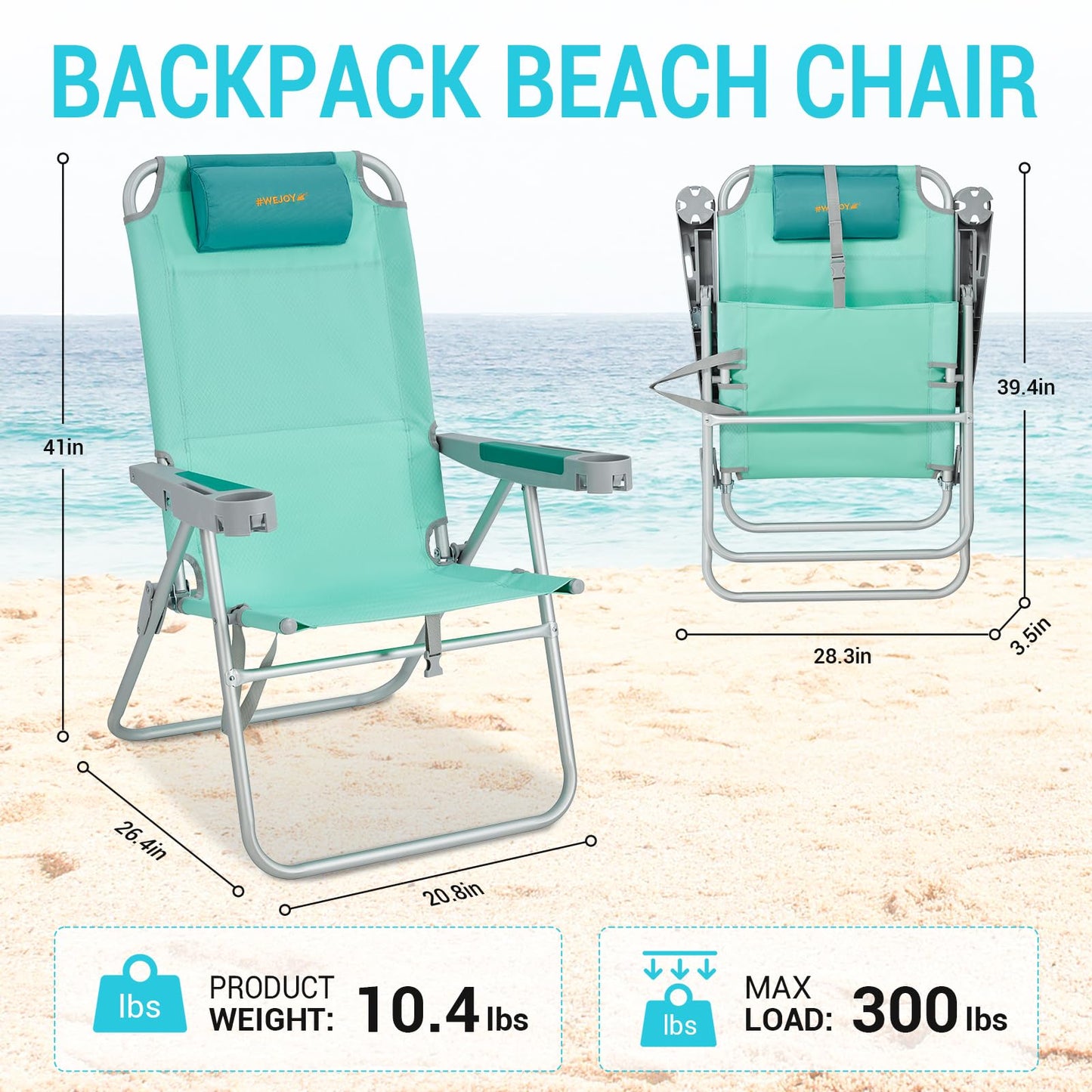 #WEJOY Beach Chairs for Adults Aluminum HeavyDuty Folding Reclining Beach Chair with 5 Positions for Outdoor Lawn, Support 300LBS Portable Camping Chair with Headrest,Cup Holder and Bottle Opener