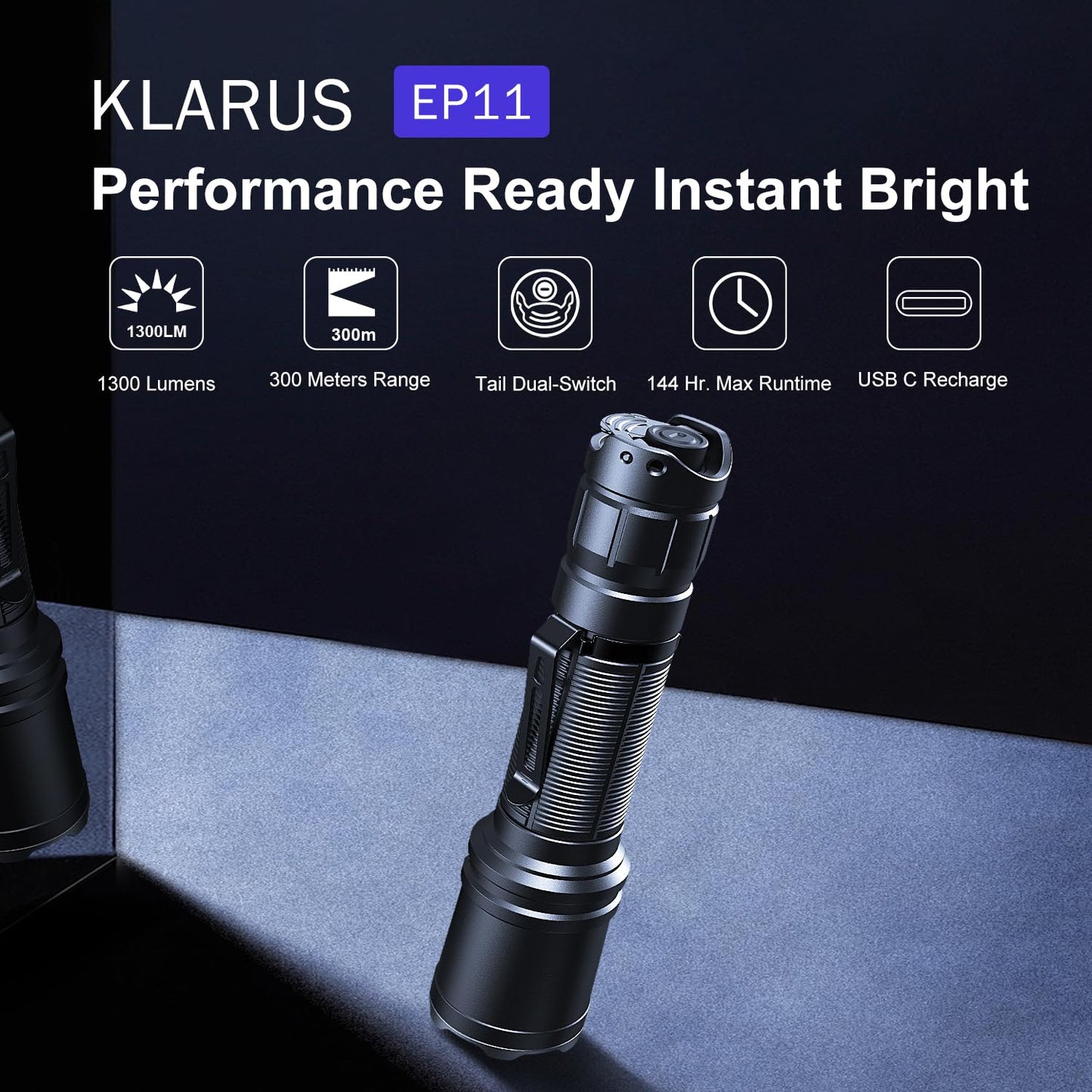 klarus EP11 1300 Lumens Tactical Flashlight, USB C Rechargeable EDC Flashlight with 2600mAh Battery, Instant Reaction Dual Tail Switches, Tactical + Outdoor Settings, Include Tactical Strobe Mode