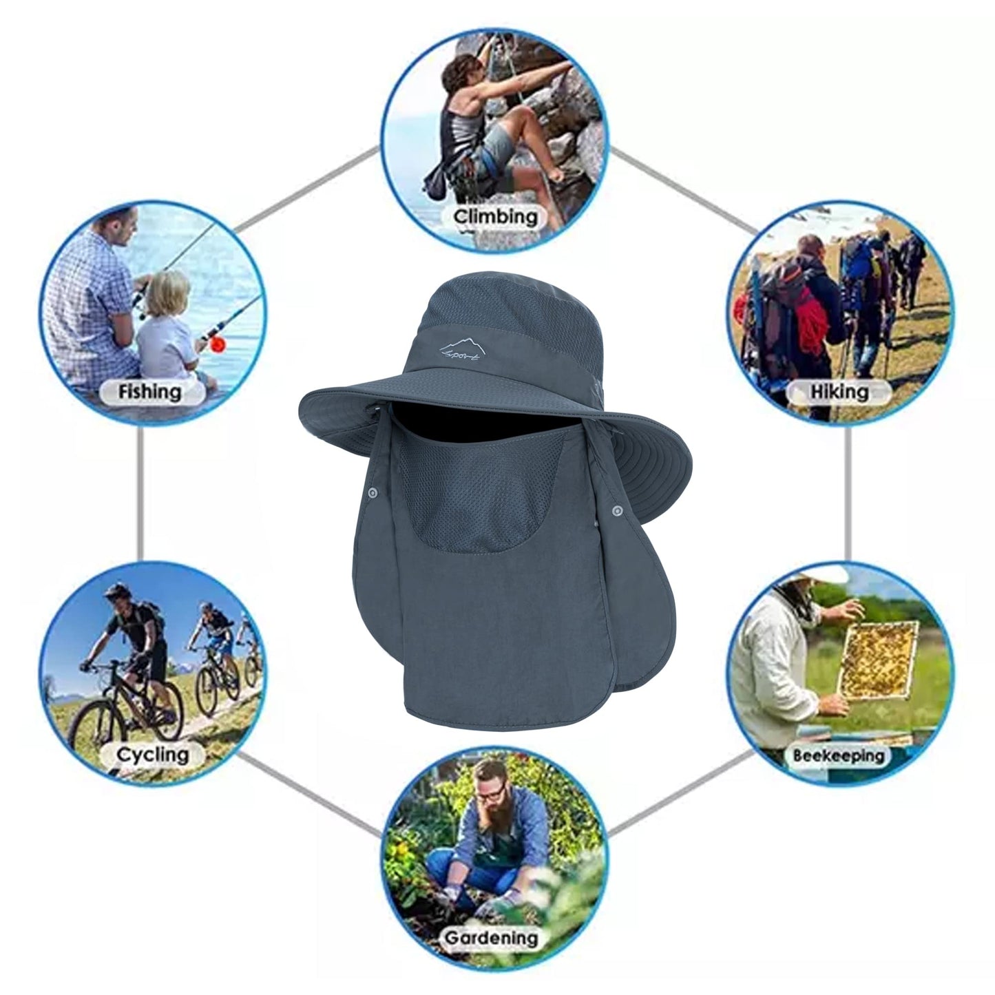 Fishing Hat for Men, Outdoor 3 in 1 Sun Hat Summer Wide Brim Safari Hat Boonie Hat with Neck Flap Dark Grey