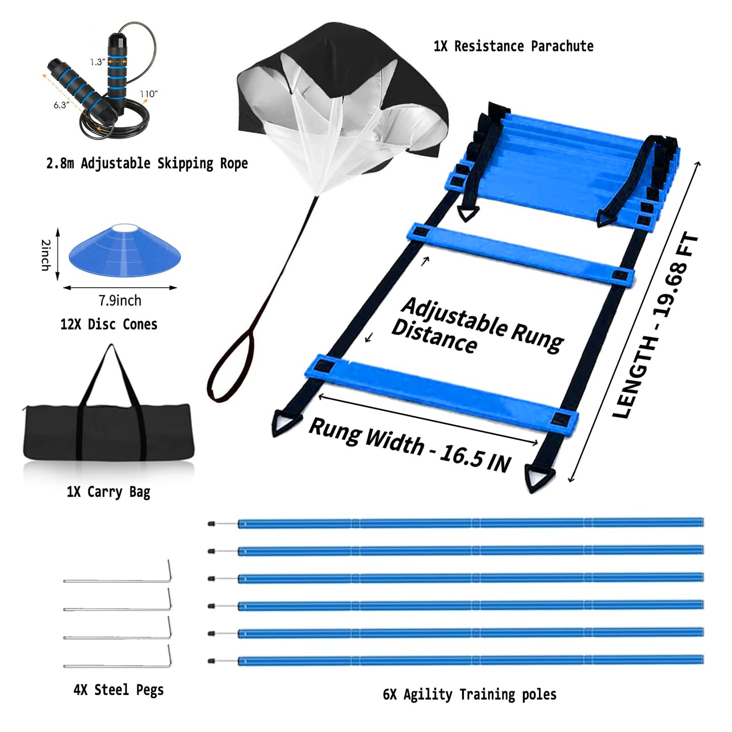Agility Ladder Speed Training Equipment Set-20ft Agility Ladder, 6 Agility Poles, 12 Soccer Cones, Running Parachute, Jump Rope| Basketball Football Soccer Training Equipment for Kids Youth Adults