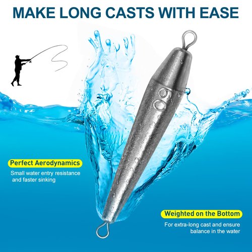 THKFISH Fishing Weights, Inline Trolling Sinkers, Double Ringed One Piece Wire Lead, Torpedo Sinkers, Saltwater Freshwater 1oz-3.5oz, Silver