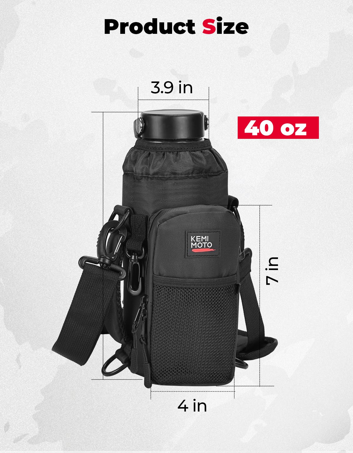 KEMIMOTO Water Bottle Holder Bag, Water Bottle Carrier with Adjustable Shoulder Strap, Water Bottle Pouch Holder for Hiking, Compatible with YETI STANLEY SLM 32 oz, 40 oz (Black-1, Elastic Band-40 oz)