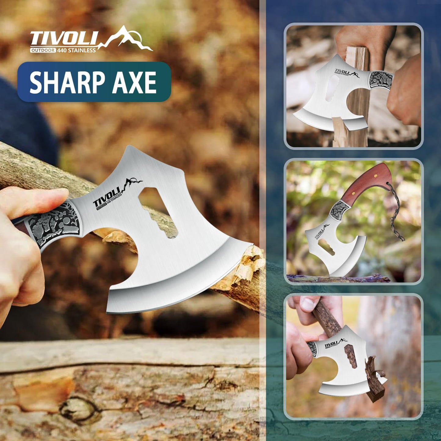 TIVOLI 8.86" Camping Axe, Survival Hatchet with Hex Wrench Slots, High Carbon Steel Blade Outdoor Bushcraft Axe with Nylon Sheath, Ergonomic Wood Grip Camping Gear for Hiking, Chopping, Hunting