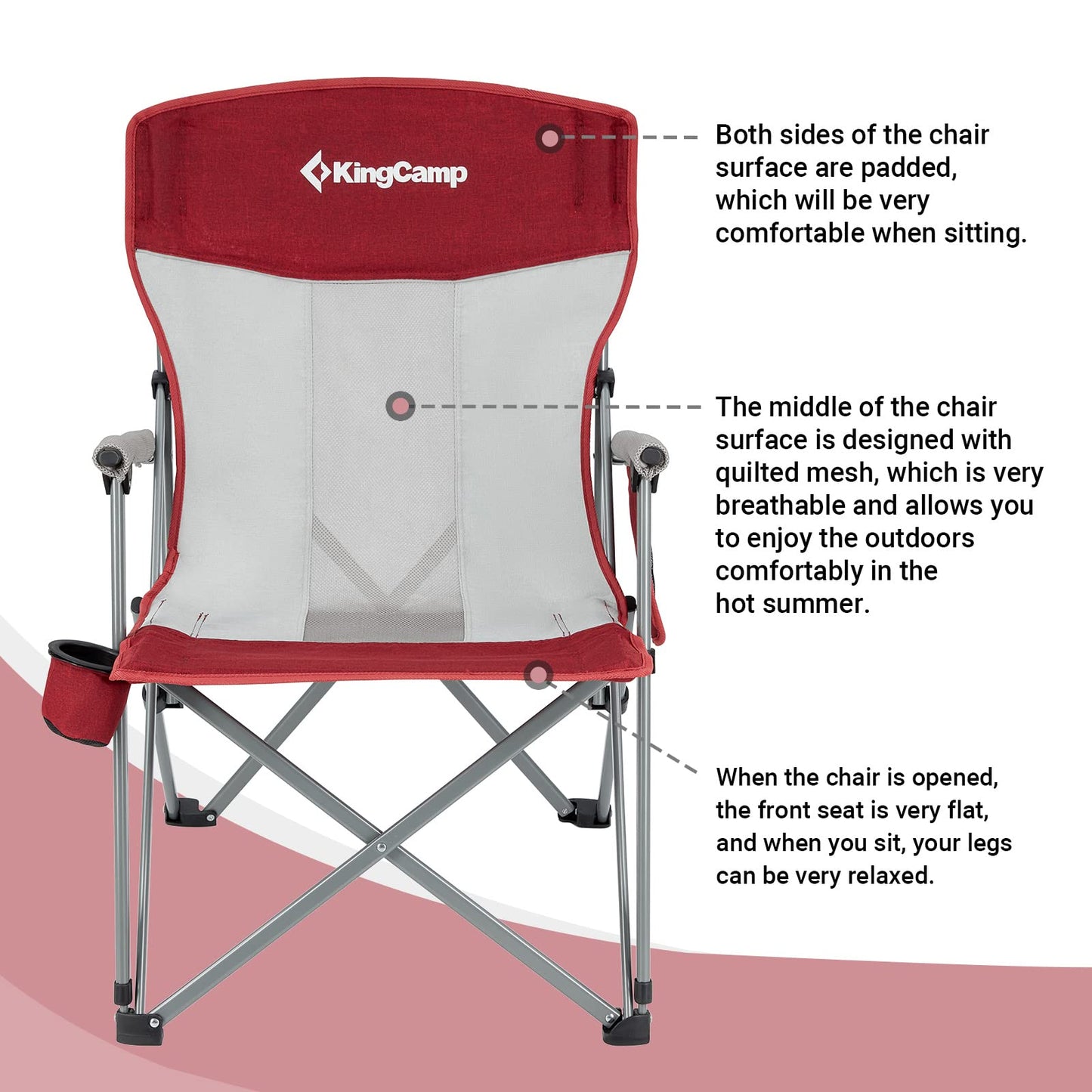KingCamp Camping Chair for Adults with Arm Rest and Cup Holder Portable Camping Chair Support 300LBS Heavy Duty Folding Camp Chair for Lawn Outdoor Sports Travel (Red&Gray)