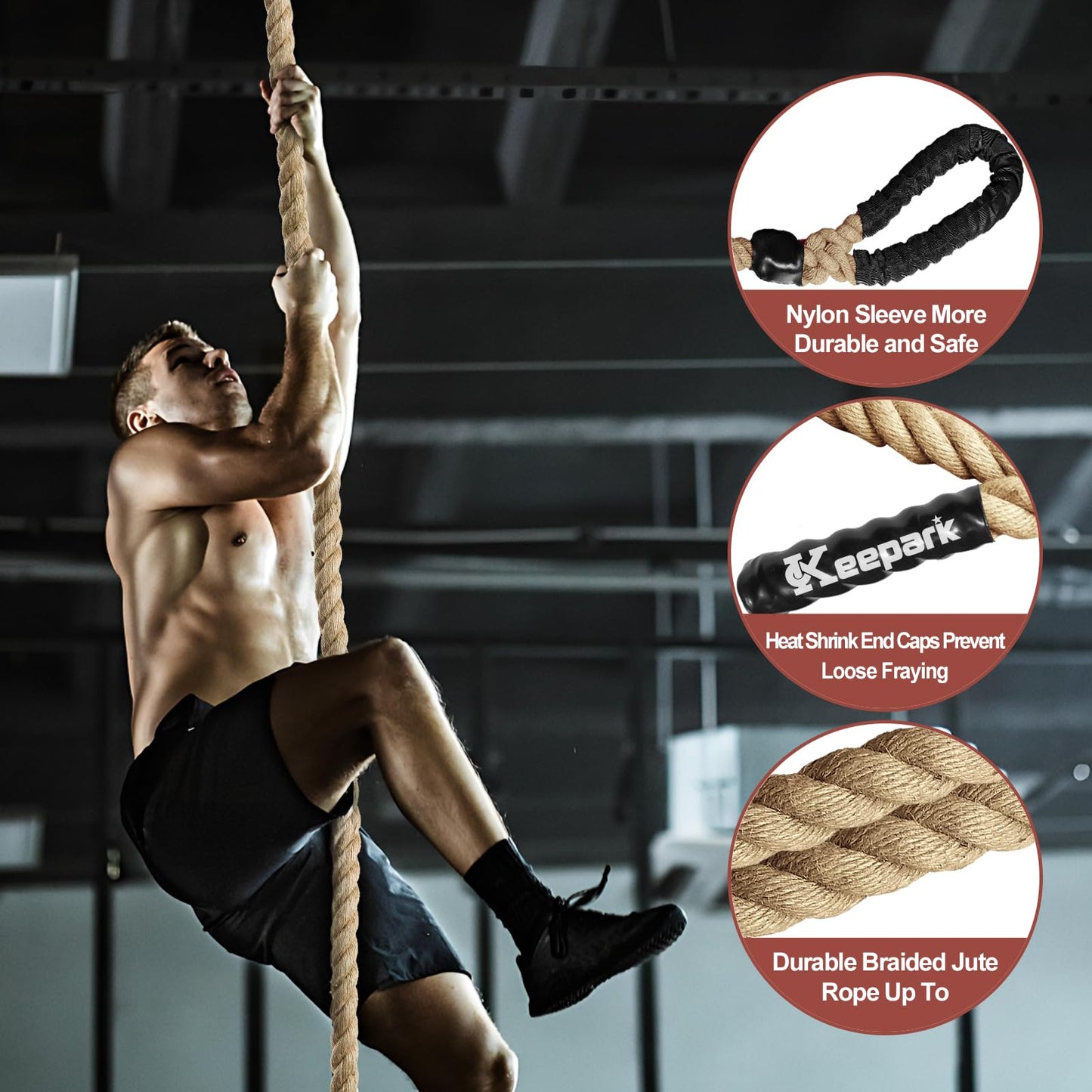 Keepark 10ft Gym Climbing Rope - Natural Hemp Rope Climbing Rope1.5 Inch in Diameter No Mounting Bracket Included