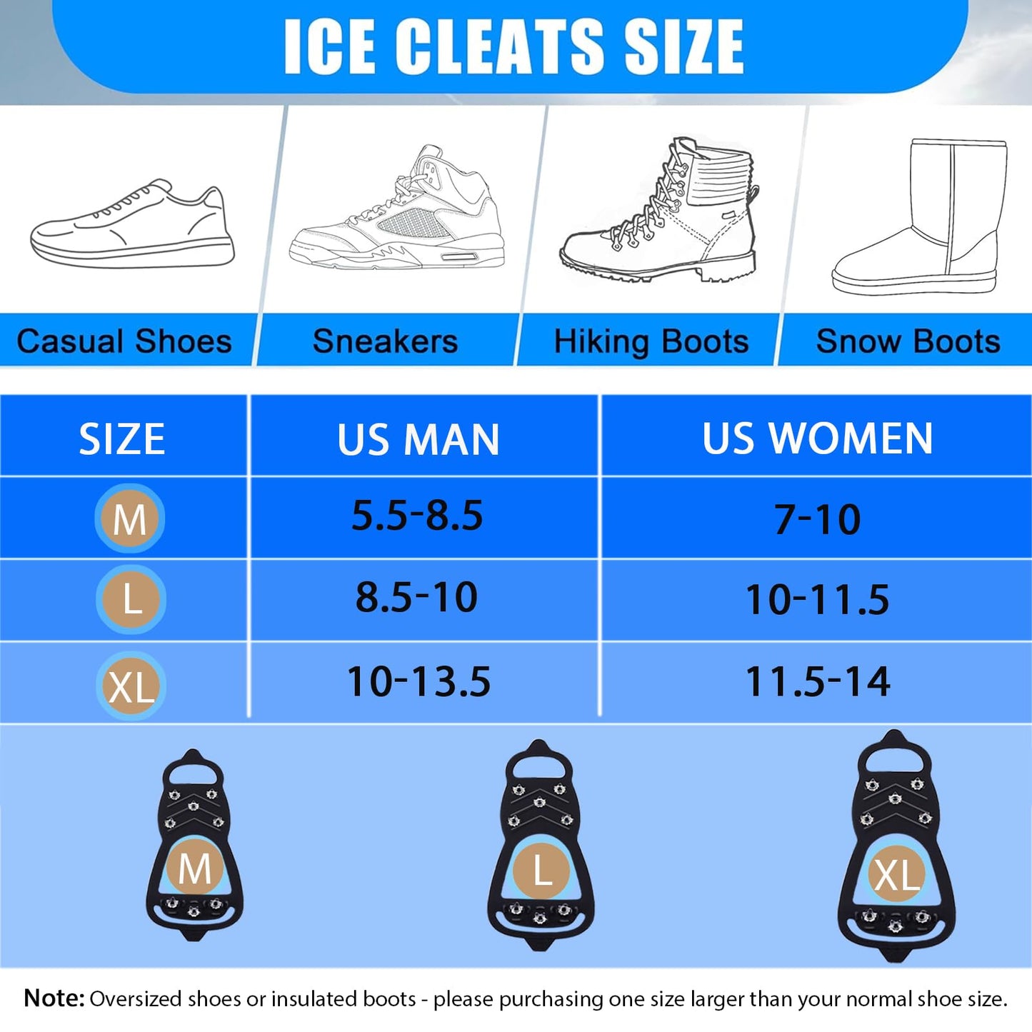 2 Pairs Ice Cleats for Shoes and Boots,Universal 8 Steel Studs Crampon Ice & Snow Grippers for Winter Hiking Climbing Ice Fishing,Anti-Slip Spikes for Shoes