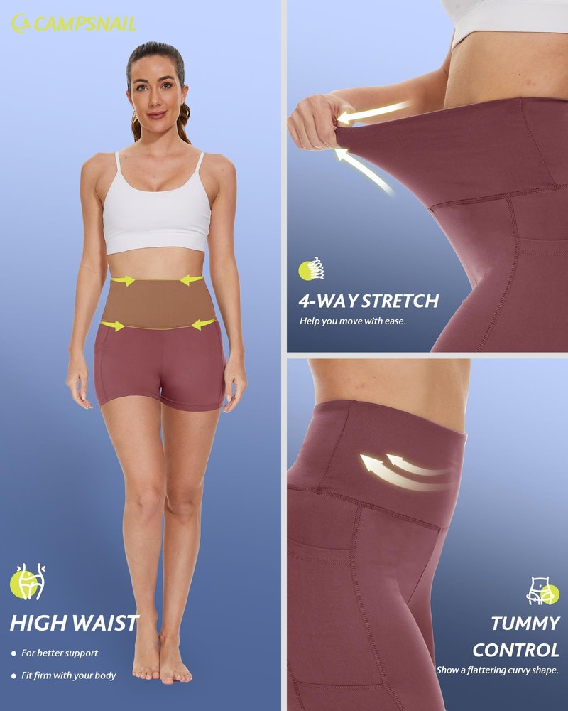 CAMPSNAIL Biker Shorts Women with Pockets - 3"/5"/8" High Waisted Workout Spandex Tummy Control Gym Running Yoga Shorts Dark Pink