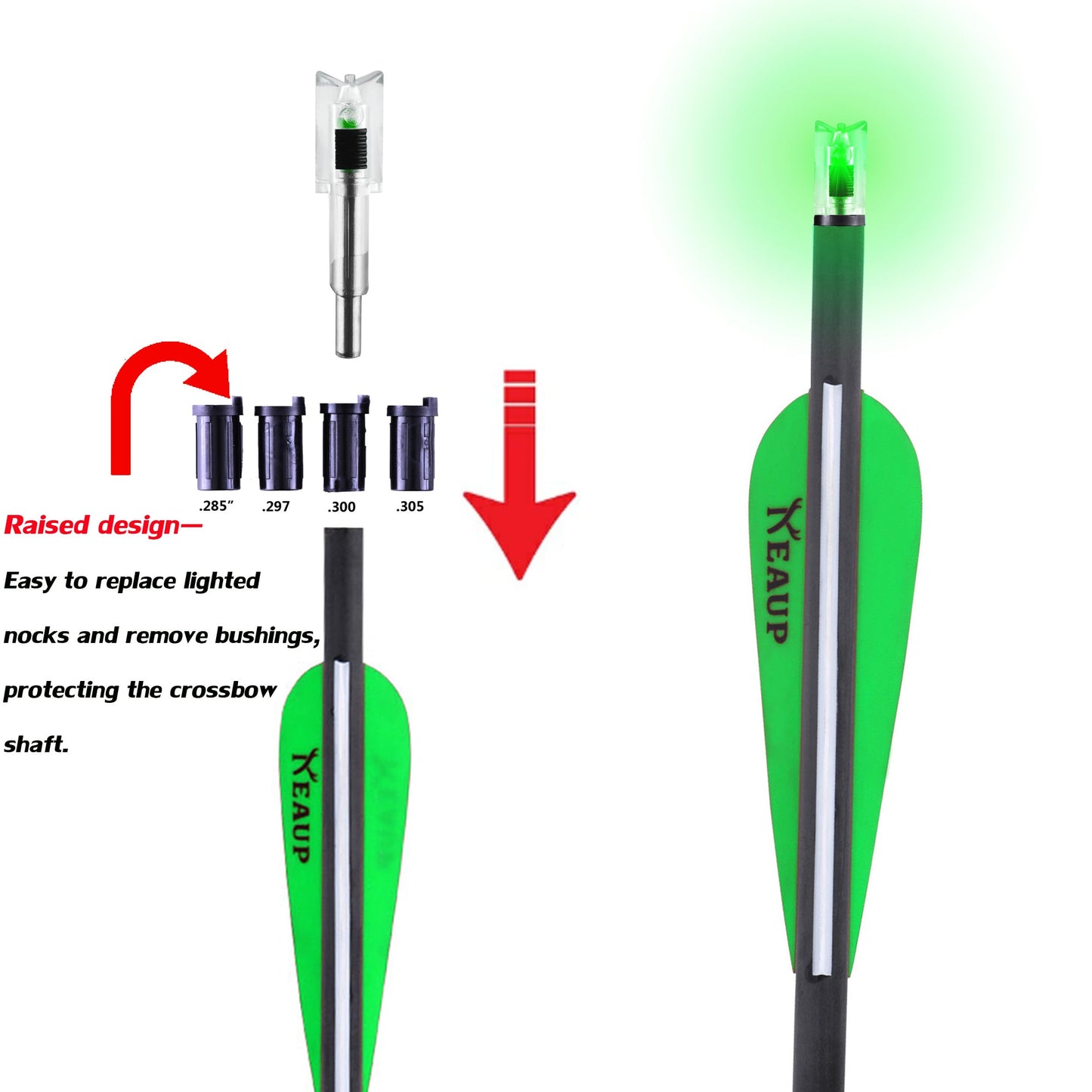 KEAUP 6/3 Pack Lighted Nocks for Crossbow Bolts with .285”/.297”/.300”/.305” Bushings High-Visibility Crossbow Lighted Nocks, On/Off Switch Included