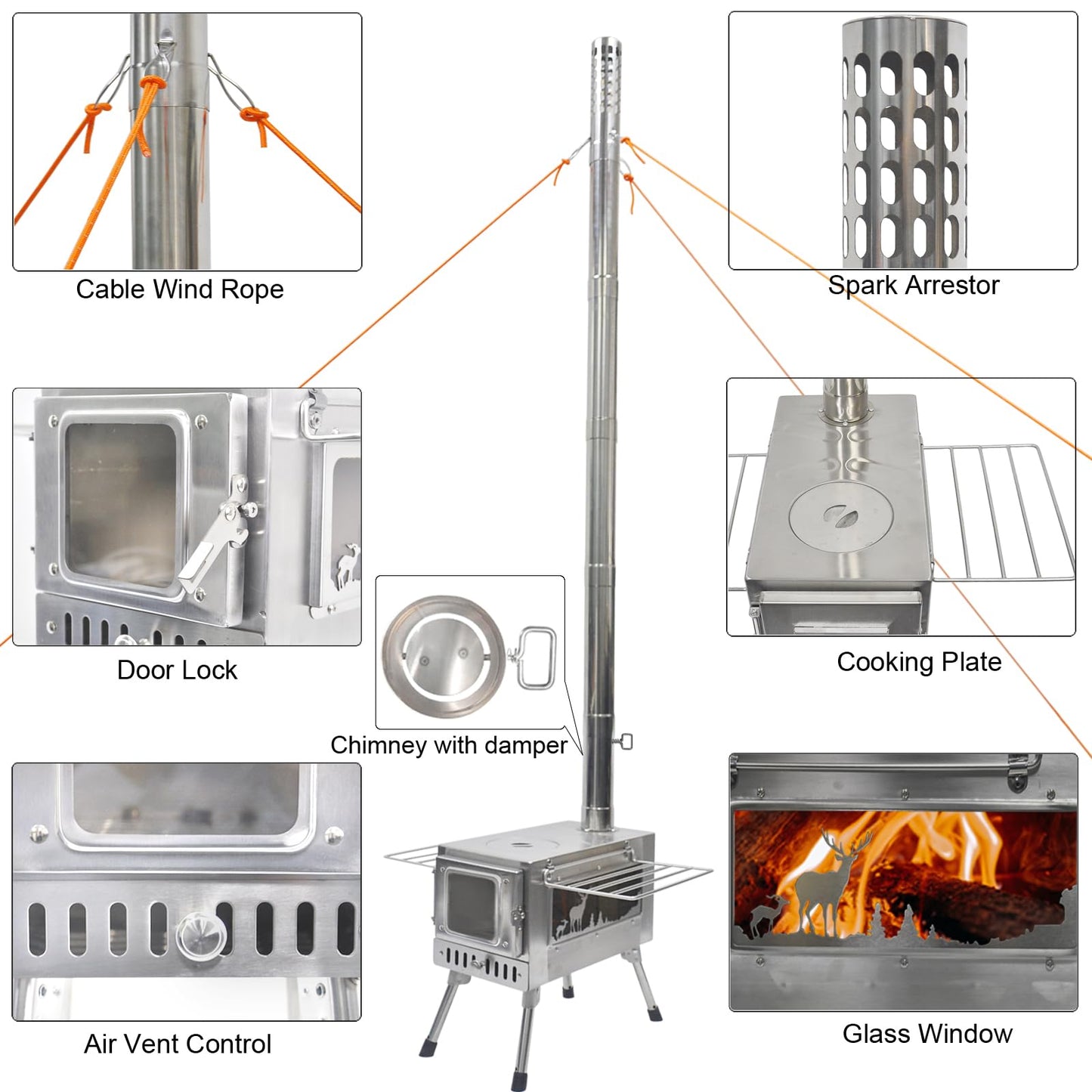 Outdoor Wood Burning Stove, Portable with Chimney Pipe for Cooking, Camping, Tent, Hiking, Fishing, Backpacking