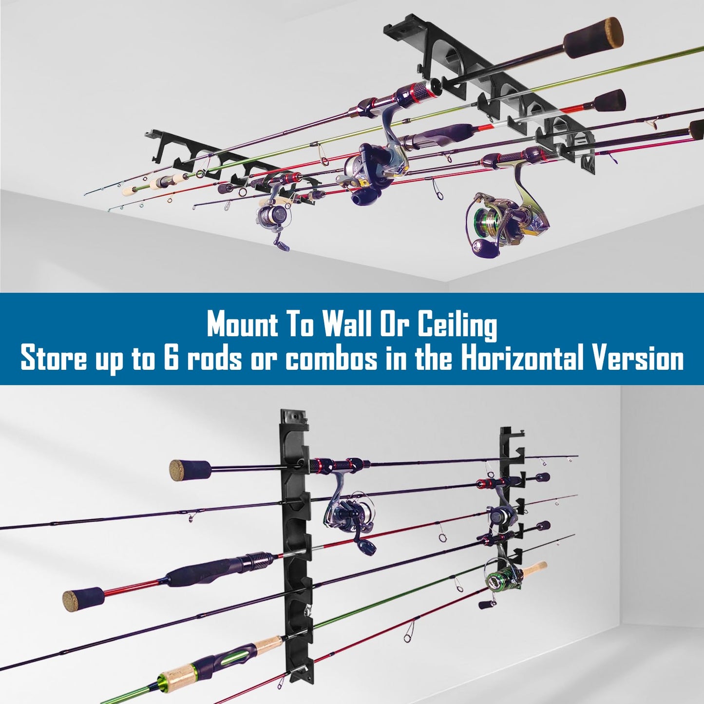 Aventik Horizontal Fishing Rod Holder for Garage Wall or Ceiling Mounted Fishing Pole Holder Holds 6 Rods or Combos, Fishing Rod Rack for Wall, Fishing Rod Storage Organizer (Black)